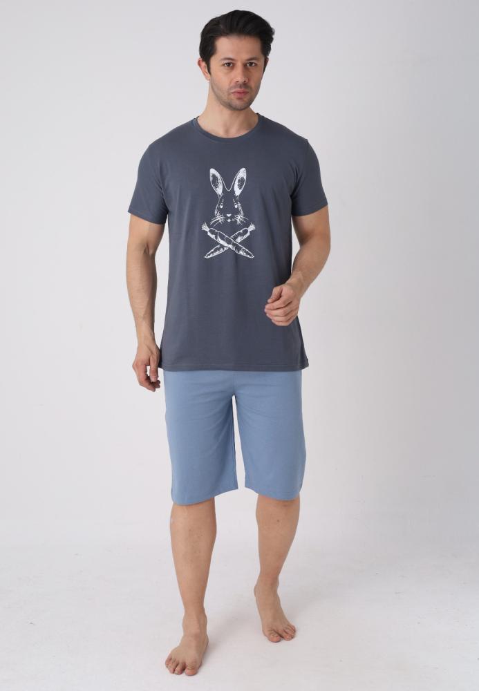 Pijama barbat cu maneca scurta si pantaloni 3/4, culoare gri inchis, Engros